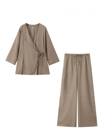 HH 2025 Spring Women Fashion Linen Suits New Solid Cardigan Kimono Top + Versatile Outerwear Female Wide Leg Long Pant