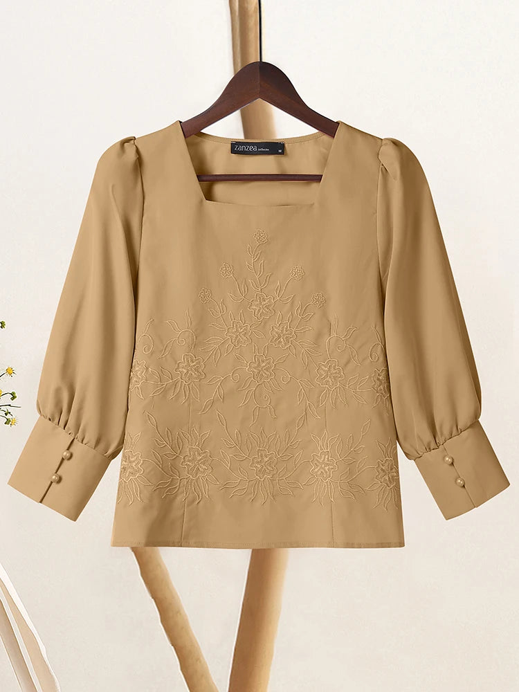 ZANZEA Elegant Embroidered Floral Women Blouses 2025 Autumn Fashion Square Neck 3/4 Puff Sleeve Short Tops Commuting Wear S-3XL