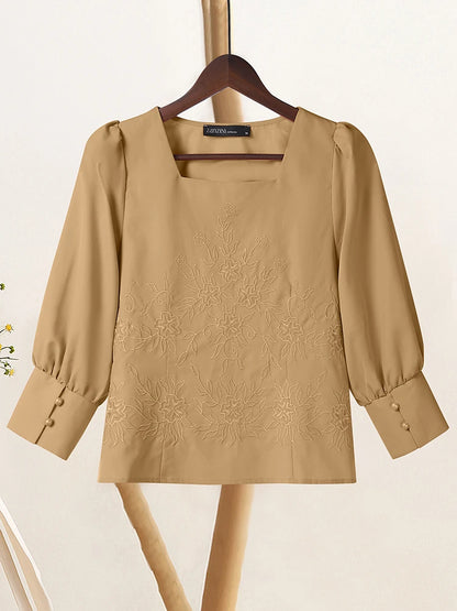 ZANZEA Elegant Embroidered Floral Women Blouses 2025 Autumn Fashion Square Neck 3/4 Puff Sleeve Short Tops Commuting Wear S-3XL