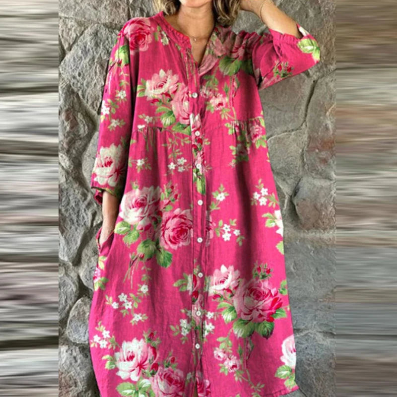 Bohemian Loose Single Breasted Dress Women's Casual O-neck Pocket Commuting Dress Spring Summer Floral Print Long Sleeved Dress