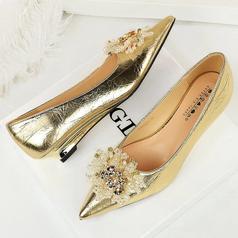BIGTREE Shoes Women Wedges Metal Decoration Wedding Shoes Rhinestone Pointed Low Heel Ladies Shoes Luxury Banquet Shoes Fashion