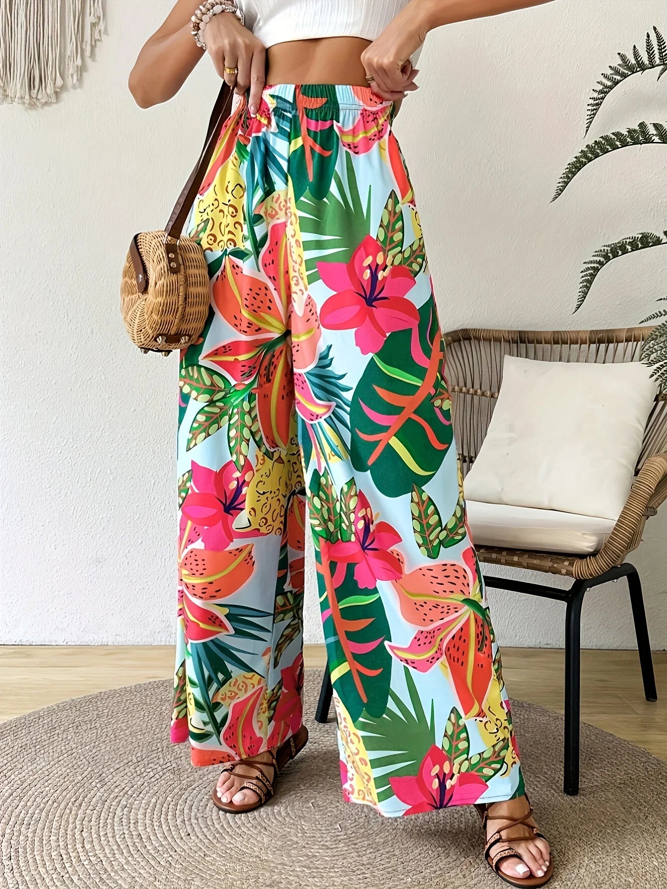Women's Floral Tropical Wide Leg Pants Casual Comfortable Loose Fit Vacation Wear with Elastic Waist 2026