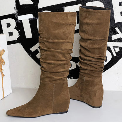 BIGTREE Shoes Women Knee-High Boots Pleated Design Suede Long Boots Pointed Women's Boots Comfortable Autumn And Winter Boots