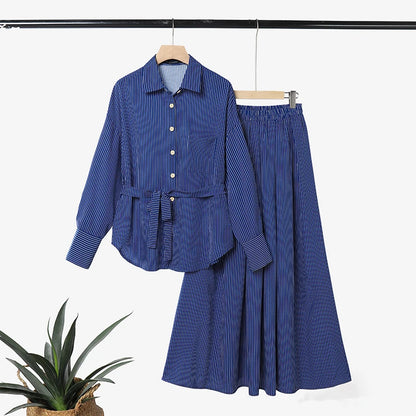 Women Muslim 2 Pieces Sets ZANZEA Ramadan Outfits Fashion Lapel Long Sleeve Shirt Dress Sets Elegant Striped OL Work Skirt Suit