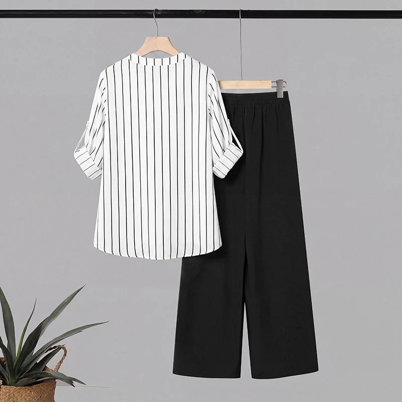 ZANZEA 2PCS Autumn Outfits Casual V Neck Long Sleeve Tops Pant Sets Women Striped OL Style Outfits Stylish 2 Pieces Sets Korean