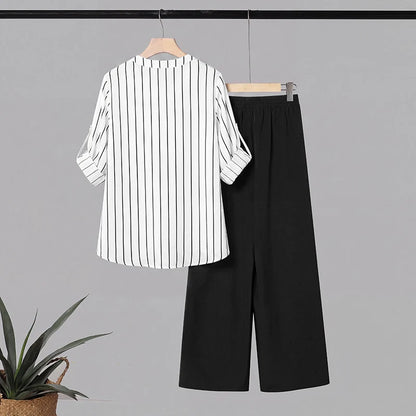 ZANZEA 2PCS Autumn Outfits Casual V Neck Long Sleeve Tops Pant Sets Women Striped OL Style Outfits Stylish 2 Pieces Sets Korean