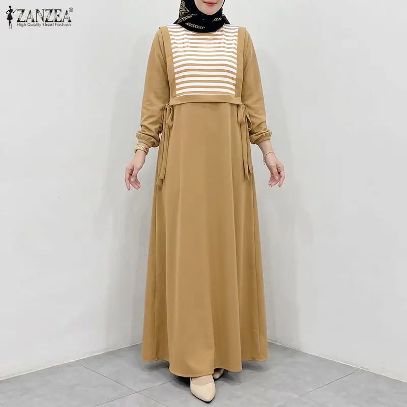 ZANZEA Stylish Women Striped Patchwork Muslim Dress Abaya Elegant Maxi Long Dress Dubai Robe Kaftan O Neck Long Sleeve Sundress