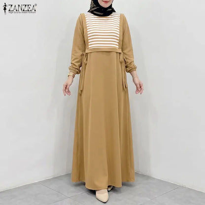 ZANZEA Stylish Women Striped Patchwork Muslim Dress Abaya Elegant Maxi Long Dress Dubai Robe Kaftan O Neck Long Sleeve Sundress
