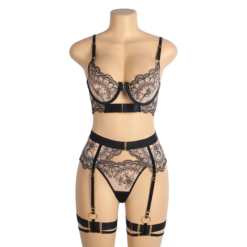 4PCS Women's Sexy Floral Embroidery Mesh Lingerie Set with Underwire Bustier Garter Belt Panty Black Plus Size bedroom Bra Set