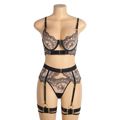 4PCS Women's Sexy Floral Embroidery Mesh Lingerie Set with Underwire Bustier Garter Belt Panty Black Plus Size bedroom Bra Set
