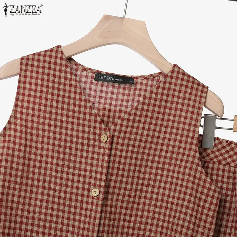 ZANZEA Woman Summer Gingham Short Sets V-Neck Sleeveless Tops & Elastic Waist Shorts 2 Pieces Sets Casual Daily Suits Outfit 3XL