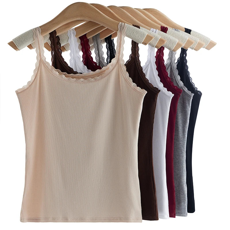 Summer Knitted Ribbed Camisole for Women with Lace Trim, Slim Fit, Suitable for Outerwear or as a Base Layer