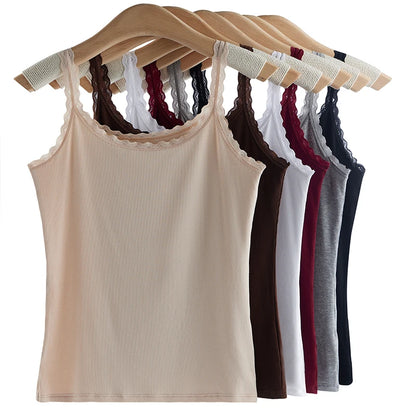 Summer Knitted Ribbed Camisole for Women with Lace Trim, Slim Fit, Suitable for Outerwear or as a Base Layer