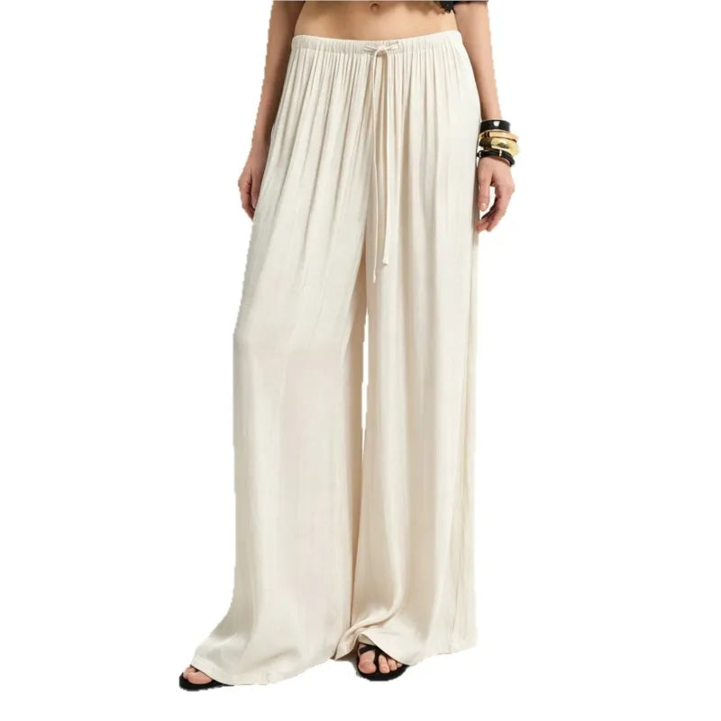 New Women High Waist Wide Leg Pants Spring Summer Draped Casual Trousers Drawstring Elastic Waist Loose Straight Leg Beach Pant