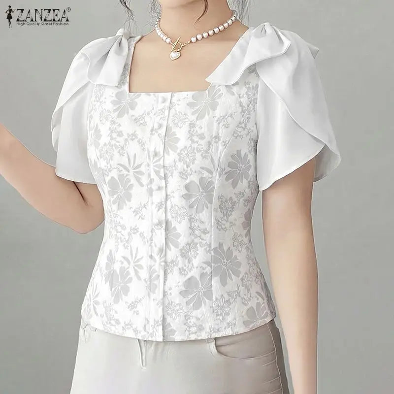 ZANZEA Woman Elegant Floral Jacquard Blouses Square Neck Petal Sleeves Bow Details Short Tops Summer Feminine Blusas de Mujer