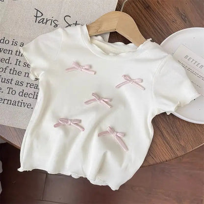 1Set Summer Girls Bow Outfit Baby Infant T-shirt+Pant Set Kids Princess Sweet Short Sleeve Set Children Wide Leg Grid Pants Suit