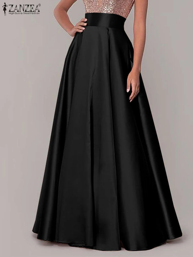 2026 ZANZEA Fashion Satin Party Skirts Elegant High Waist Jupe Maxi Vestidos Women Sundress Female A-line Faldas Saia Oversize