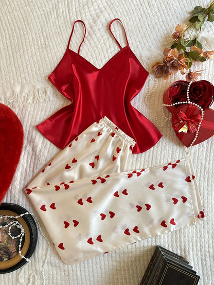 New V Neck 2 piece Women's Pajamas with Contrast Color Solid Top with Heart Printed long Pants Casual Sleepwear Set for Ladies