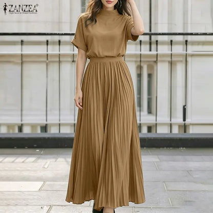 ZANZEA Women's Skirt Suits Mock Neck Short Sleeve Blouse & A-Line Pleated Maxi Skirt 2 Piece Sets Streetwear Skirt Sets Outfits