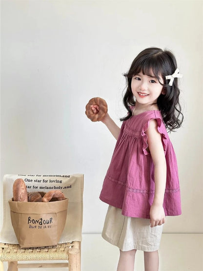 Girls Korean Fashion Summer Blouse Puff Flutter Sleeve Babydoll Shirt Elegant Casual Top Kids Cute Stylish Clothes for Toddler