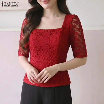 ZANZEA Women Classy Elegant Lace Patchwork Blouses Square Neck Half Sleeve Side Zipper Fitted Short Tops Summer Blusas de Mujer