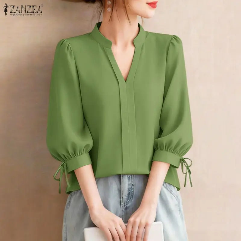 ZANZEA Summer Women's Elegant Blouses V-Neck 3/4 Puff Sleeves Lace Up Solid Color Pullover Tops Casual Loose Blusas de Mujer