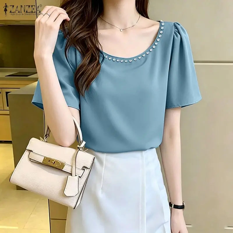 ZANZEA Women's Elegant Blouses Pearls Detailed O-Neck Short Sleeve Pullover Tops Summer Office Work Solid Color Blusas de Mujer