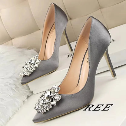 BIGTREE Women Heels Metal Rhinestones Woman Pumps Wedding Shoes High Heels Shoes Gold Silver Sexy Party Shoes Large size 42 43