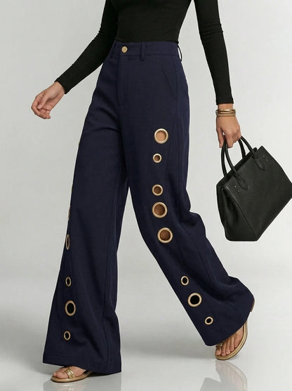 Bonboho Women's Solid Color Eyelet High Waist Wide Leg Pants 2026 Casual Streetwear Straight Leg Trousers Daily Wear Bottoms