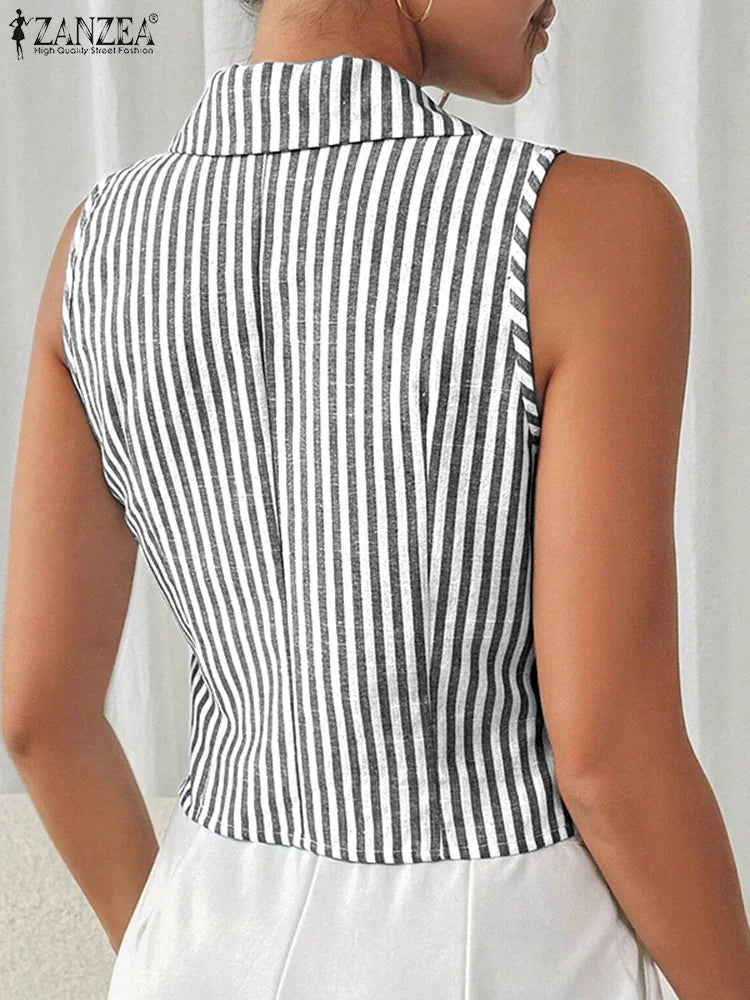 ZANZEA Womens Fashion Striped Waistcoat 2025 Summer Elegant Lapel Sleeveless Vests Tops Commute Office Lightweight Tank Tops
