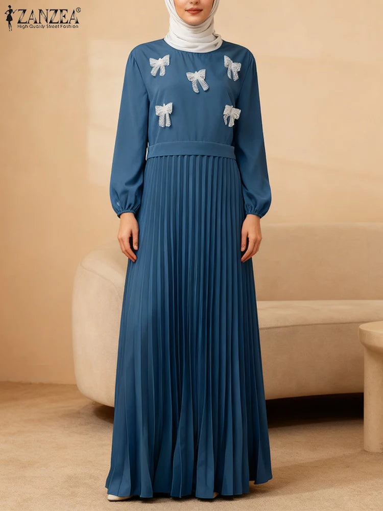 2026 Fashion Muslim Abaya Dress ZANZEA Women Elegant Long Sleeve Patchwork Party Dress Dubai Robe Spring A Line Pleated Sundress