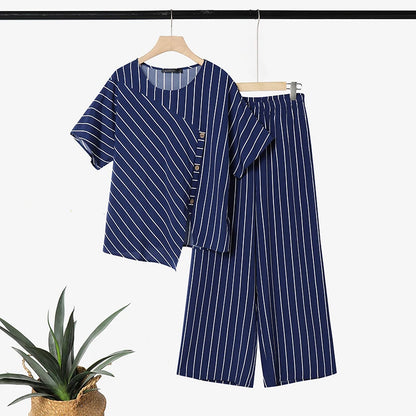 ZANZEA Stylish Summer 2 Pieces Sets Women Striped Tracksuit O Neck Short Sleeve Blouse Pants Sets Holiday Outfits Matching Sets
