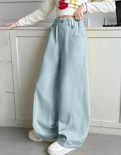 Girls' Wide Leg Pants Spring 5-12 Years Cotton Straight Leg Loose Fit Kids' Trousers Soft Breathable Fashionable Tapered Bottoms