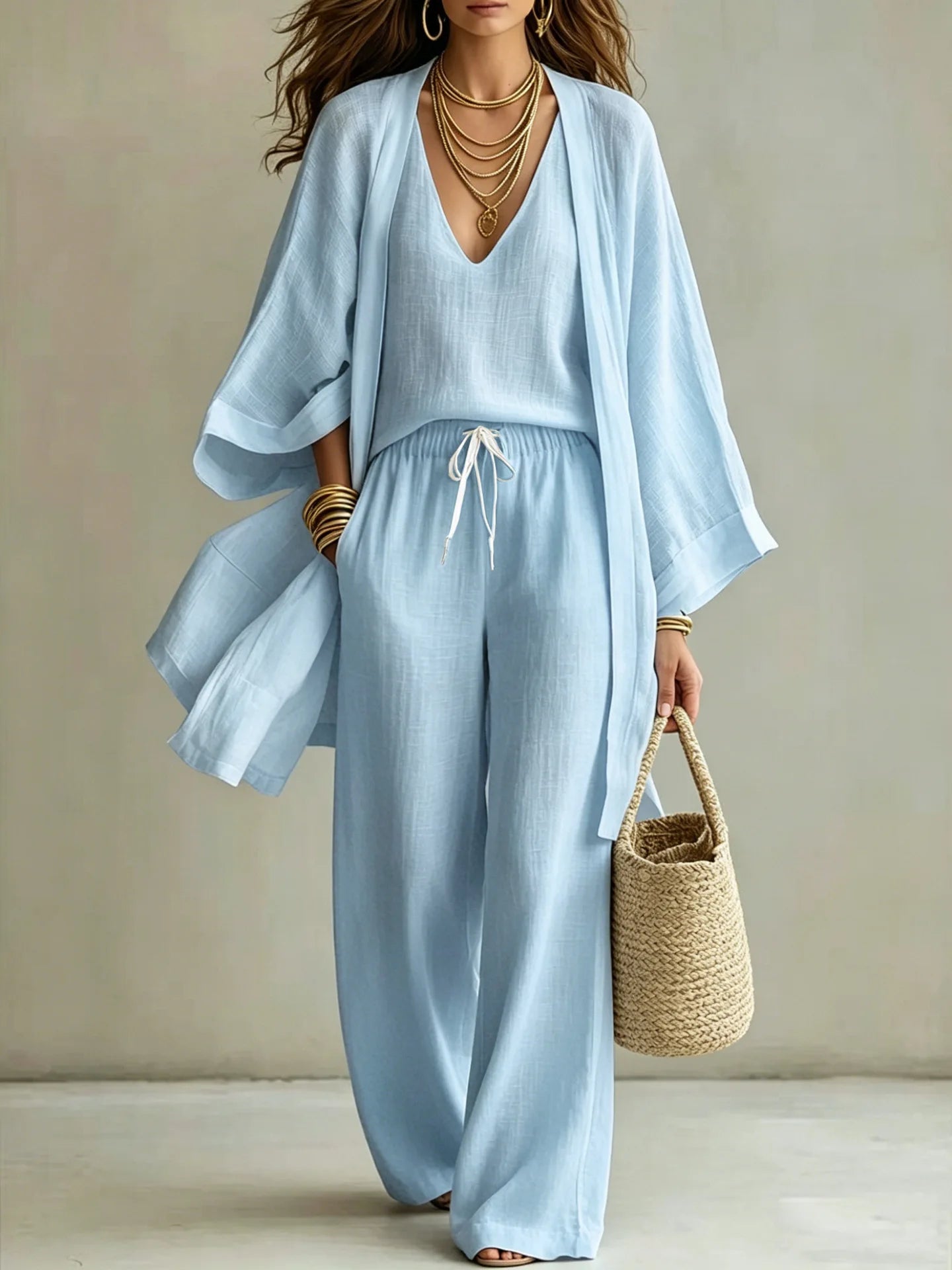 Women Fashion 3-Piece Set Open Front Cardigan Wide Sleeves Matching V-Neck Vest Drawstring Waist Wide Leg Pants Casual Outfit