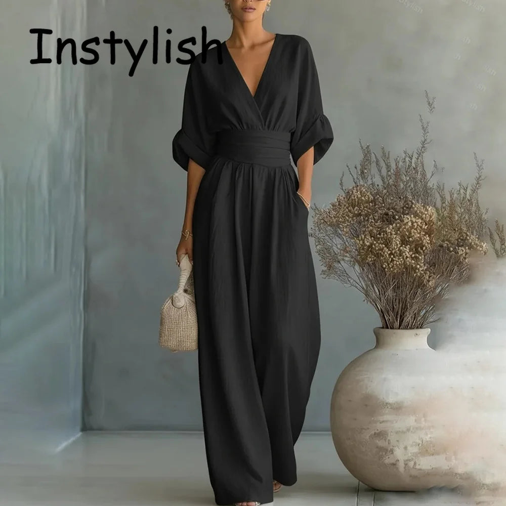 Women Elegant High Waist Jumpsuits Summer Short Sleeve Wide Leg Pants Romper Casual V Neck Solid Loose Jumpsuits Streetwear