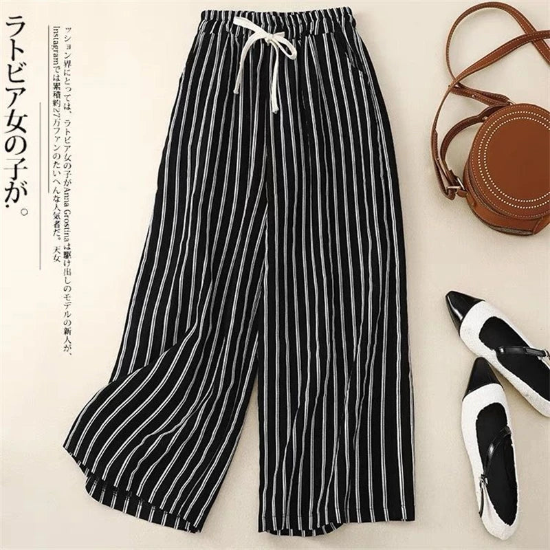 2024 Summer Women Vintage Striped Cotton Linen Beach Wide Leg Pants Female Casual High Waist Loose Straight Trousers Pantalones