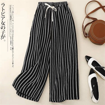 2024 Summer Women Vintage Striped Cotton Linen Beach Wide Leg Pants Female Casual High Waist Loose Straight Trousers Pantalones