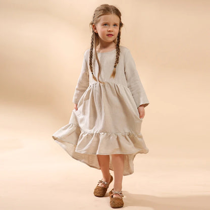 Girls' Linen Princess Dress 2026 Autumn New Children O-neck Long-Sleeve Ruffle Viscose And Linen Dresses Baby Kids Clothing TZ64