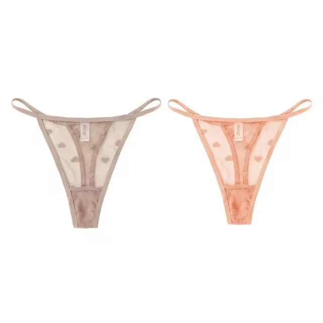 2Pcs Heart See Through Mesh G-String T-Pants Underpants Sexy Lace Sheer Underwear Women's Low Waist  Lingerie Thong Panties