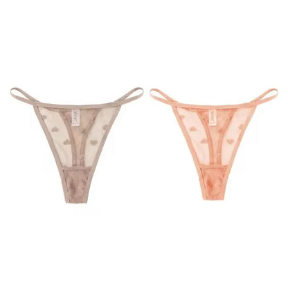 2Pcs Heart See Through Mesh G-String T-Pants Underpants Sexy Lace Sheer Underwear Women's Low Waist  Lingerie Thong Panties