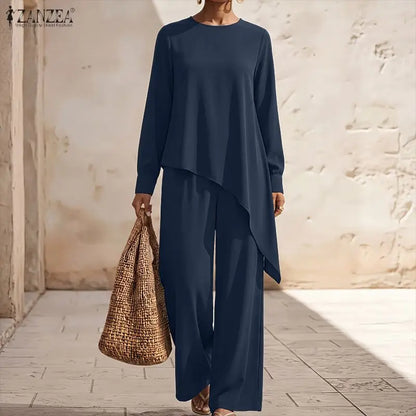 ZANZEA Women Pants Sets Two Piece Outfit Irregular Hem Tunic Tops Wide Leg Pant Casual O Neck Long Sleeve Solid Color 2PCS