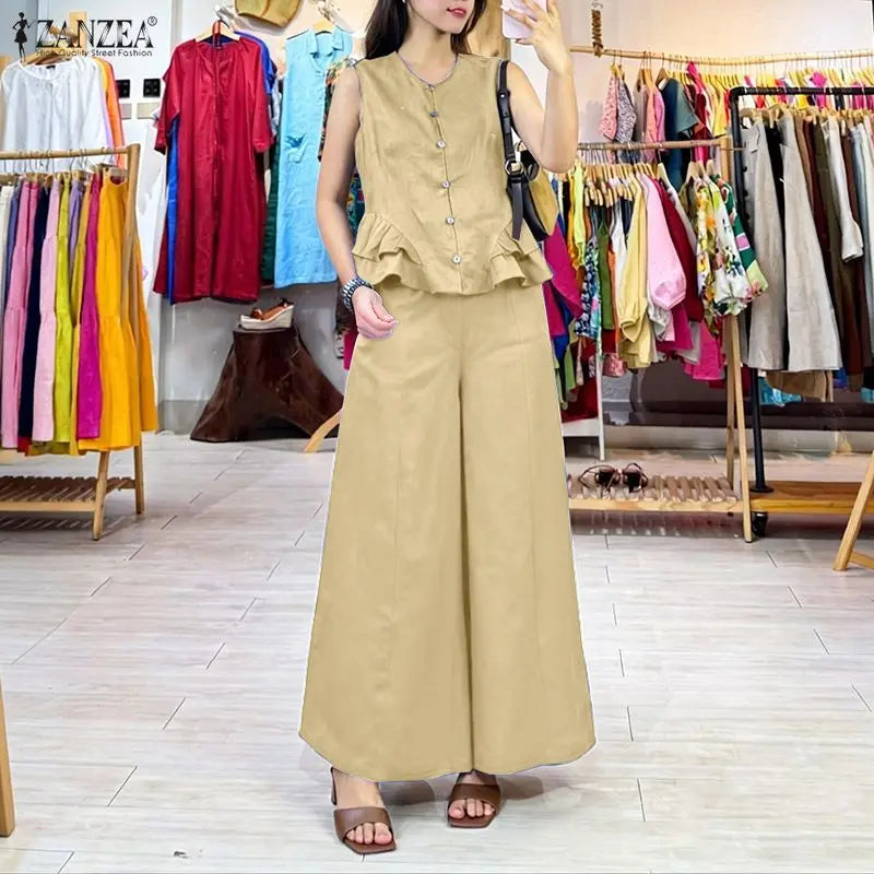 ZANZEA Women's Casual Fashion Pant Sets Ruffled Hem Sleeveless Tops & Wide Leg Pants 2 Piece Suits Summer Commute Work Outfits