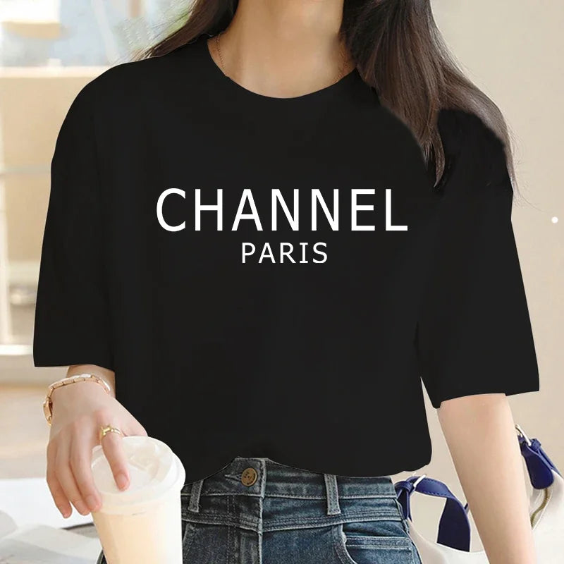 Luxury Brand Machine Washable Womens Casual Elegant Fashion CHANNEL Graphic T-shirt O-Neck Short Sleeve Top Women's Clothing