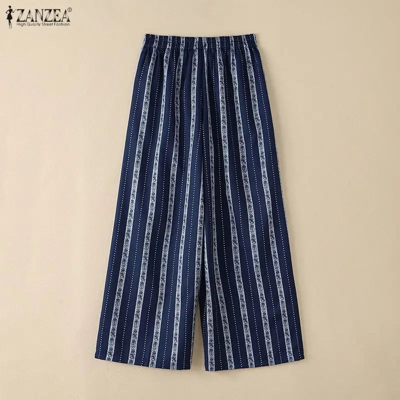 ZANZEA Women Casual Trousers Summer Bohemian Holiday Pants Elastic Waist Baggy Pantalon Vintage Lace -Up Striped Beach Palazzo