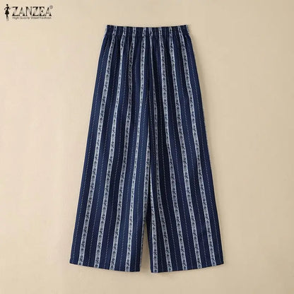 ZANZEA Women Casual Trousers Summer Bohemian Holiday Pants Elastic Waist Baggy Pantalon Vintage Lace -Up Striped Beach Palazzo
