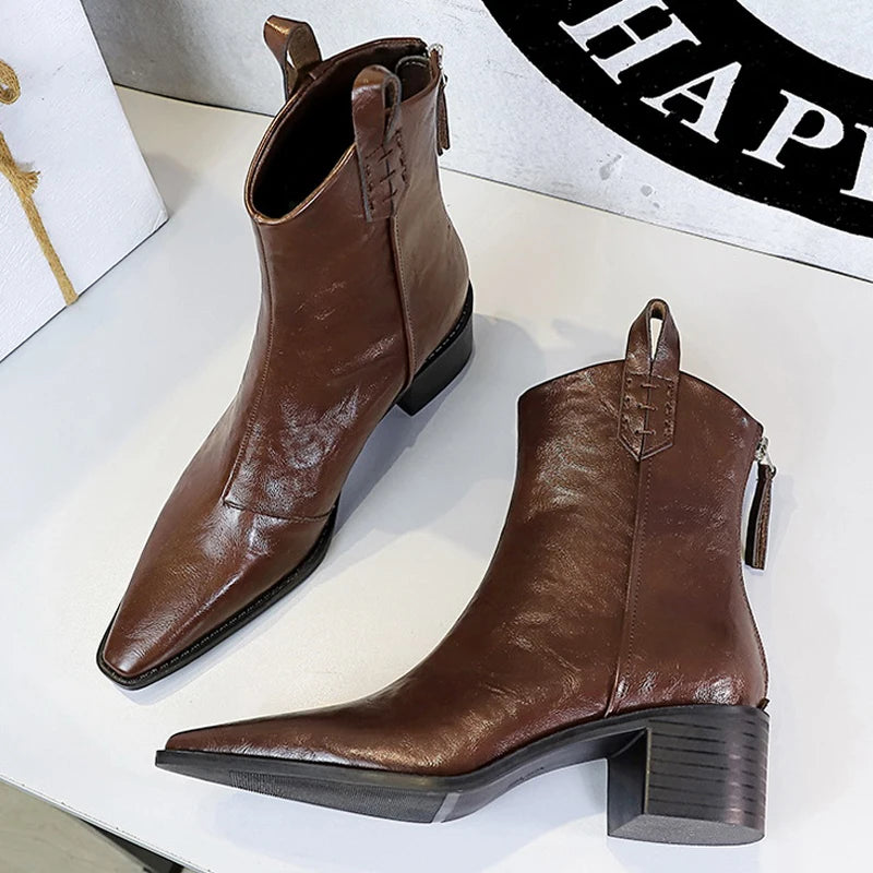 BIGTREE Designer Punk Vintage Pointed Toe Women Ankle Boots Autumn Winter Zipper Shoes Women Fashion Square Heel Botas Mujer