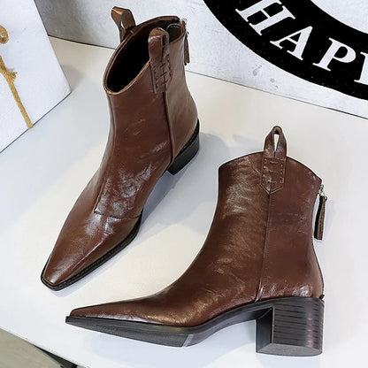 BIGTREE Designer Punk Vintage Pointed Toe Women Ankle Boots Autumn Winter Zipper Shoes Women Fashion Square Heel Botas Mujer