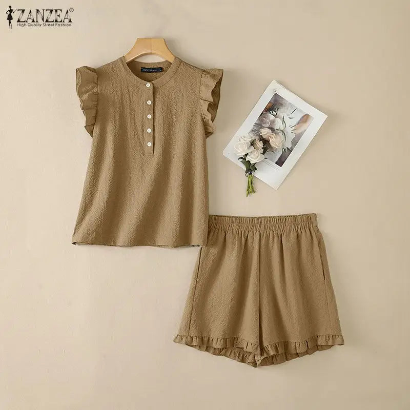 ZANZEA Women's Seersucker Grid Short Sets Ruffles Sleeves Tops & Elastic Waist Shorts 2-Piece Sets Summer Casual Daily Co-ords