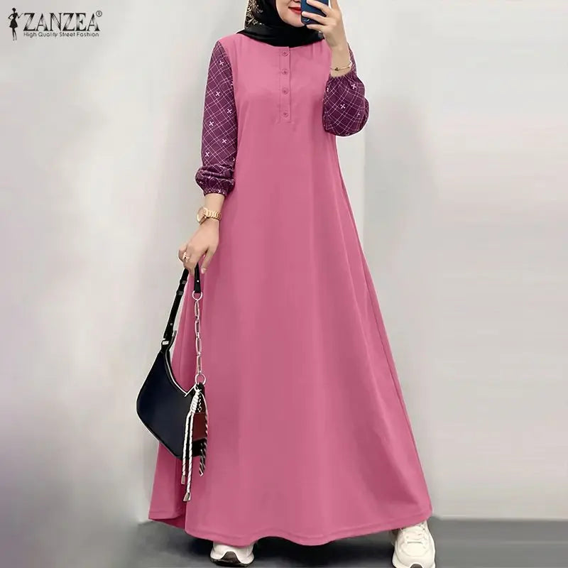 ZANZEA Women Patchwork Muslim Abaya Maxi Dresses Casual O Neck Long Sleeve Loose Ramadan Sundress Kaftan Hijab Dress Robe Femme