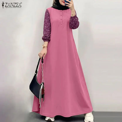 ZANZEA Women Patchwork Muslim Abaya Maxi Dresses Casual O Neck Long Sleeve Loose Ramadan Sundress Kaftan Hijab Dress Robe Femme